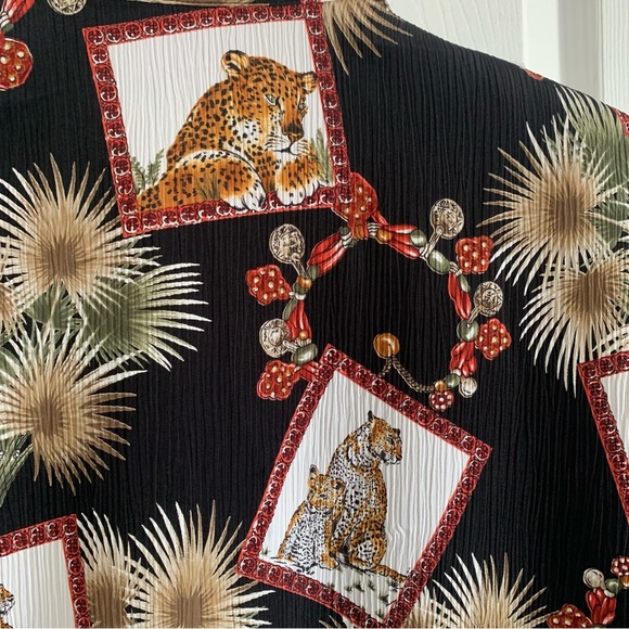 Vintage Cheetah Palm & Floral Black Button Front Short Sleeve Shirt - Picture 6 of 10